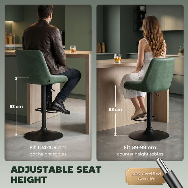 HOMCOM Retro Bar Stools Set of 2, Adjustable Kitchen Stool, Upholstered Bar Chairs with Back, Swivel Seat, Green Aosom UK