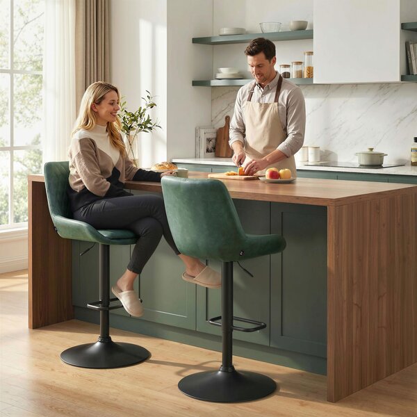 HOMCOM Retro Bar Stools Set of 2, Adjustable Kitchen Stool, Upholstered Bar Chairs with Back, Swivel Seat, Green Aosom UK