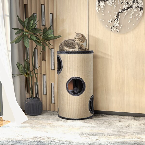 PawHut Cat Tree, Plush, Ф38x70H cm-Beige/Grey Aosom UK