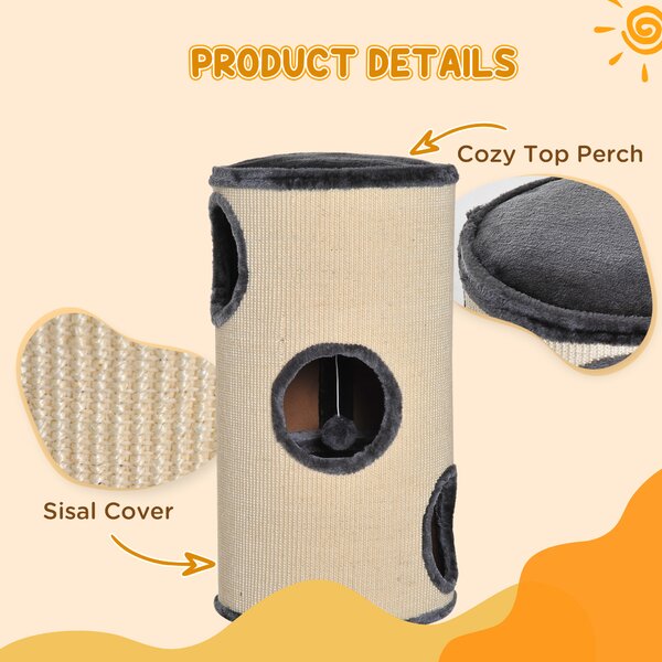 PawHut Cat Tree, Plush, Ф38x70H cm-Beige/Grey Aosom UK