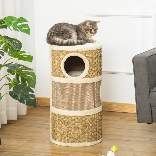 PawHut Cat Scratching Barrel Kitten Tree Tower Pet Furniture Climbing Frame Covered with Sisal and Seaweed Rope Cozy Platform Soft Plush Aosom UK