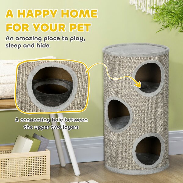 PawHut Cat Tree Barrel, Kitten Climbing Tower, Indoor Sisal Covered, Cosy Platform, Light Grey Aosom UK