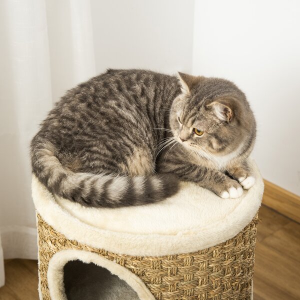 PawHut Cat Scratching Barrel Kitten Tree Tower Pet Furniture Climbing Frame Covered with Sisal and Seaweed Rope Cozy Platform Soft Plush Aosom UK