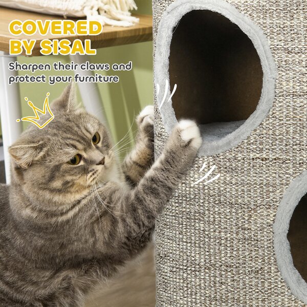 PawHut Cat Tree Barrel, Kitten Climbing Tower, Indoor Sisal Covered, Cosy Platform, Light Grey Aosom UK