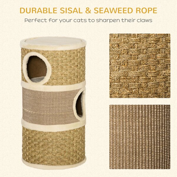 PawHut Cat Scratching Barrel Kitten Tree Tower Pet Furniture Climbing Frame Covered with Sisal and Seaweed Rope Cozy Platform Soft Plush Aosom UK