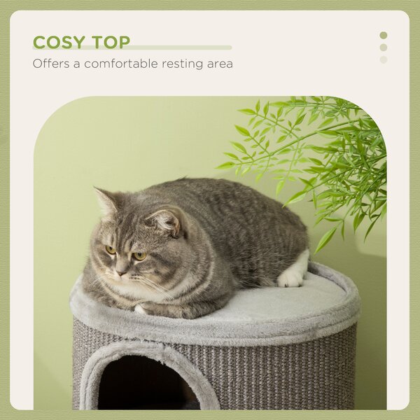 PawHut Cat Tree Barrel, Kitten Climbing Tower, Indoor Sisal Covered, Cosy Platform, Light Grey Aosom UK