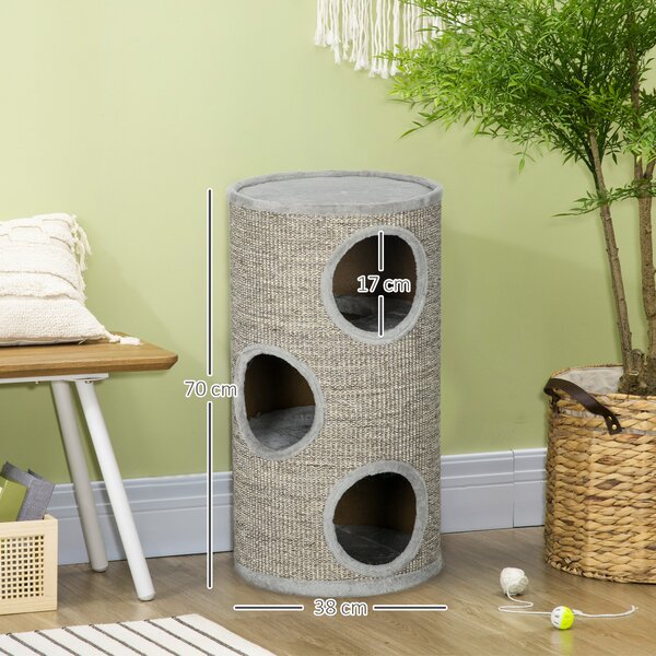 PawHut Cat Tree Barrel, Kitten Climbing Tower, Indoor Sisal Covered, Cosy Platform, Light Grey Aosom UK