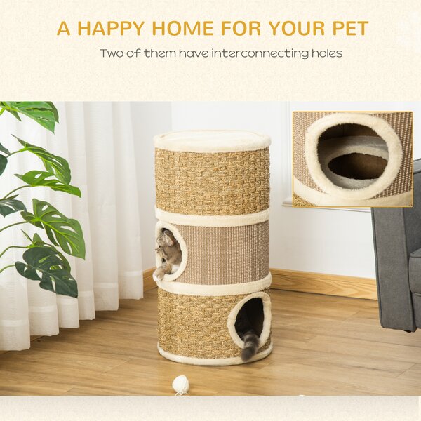 PawHut Cat Scratching Barrel Kitten Tree Tower Pet Furniture Climbing Frame Covered with Sisal and Seaweed Rope Cozy Platform Soft Plush Aosom UK