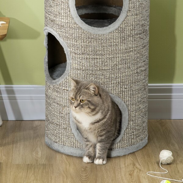 PawHut Cat Tree Barrel, Kitten Climbing Tower, Indoor Sisal Covered, Cosy Platform, Light Grey Aosom UK