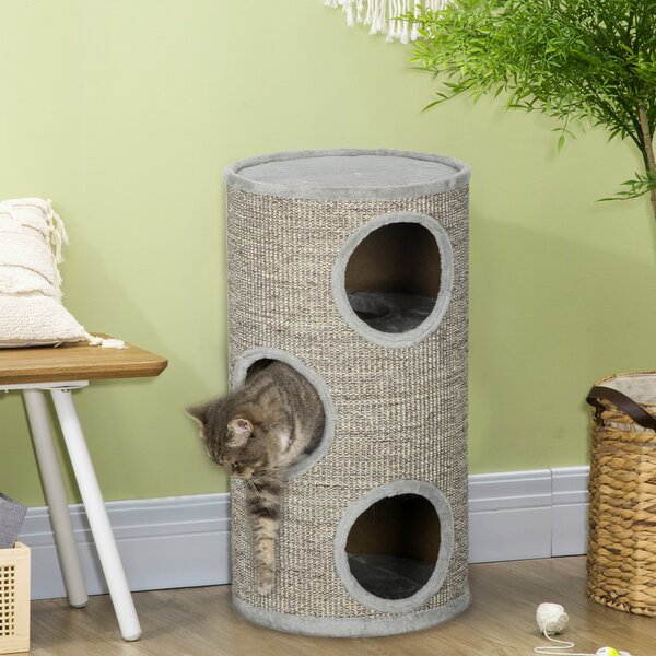 PawHut Cat Tree Barrel, Kitten Climbing Tower, Indoor Sisal Covered, Cosy Platform, Light Grey Aosom UK