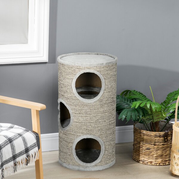 PawHut Cat Tree Barrel, Kitten Climbing Tower, Indoor Sisal Covered, Cosy Platform, Light Grey Aosom UK