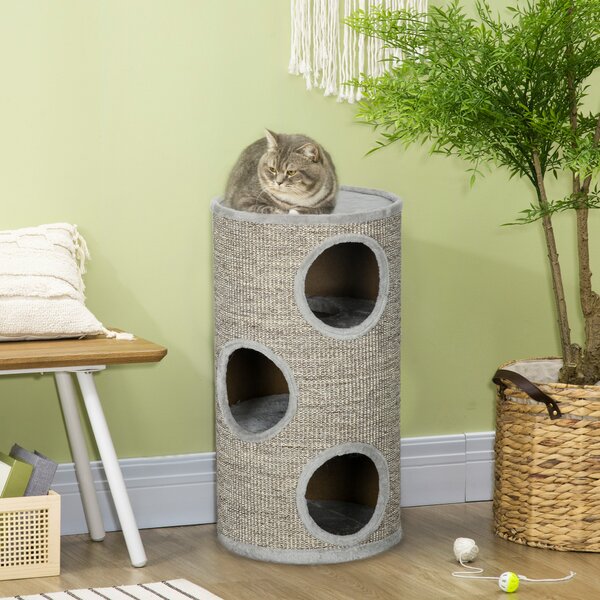 PawHut Cat Tree Barrel, Kitten Climbing Tower, Indoor Sisal Covered, Cosy Platform, Light Grey Aosom UK