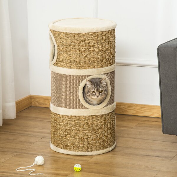 PawHut Cat Scratching Barrel Kitten Tree Tower Pet Furniture Climbing Frame Covered with Sisal and Seaweed Rope Cozy Platform Soft Plush Aosom UK