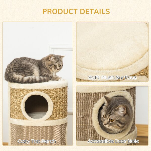 PawHut Cat Scratching Barrel Kitten Tree Tower Pet Furniture Climbing Frame Covered with Sisal and Seaweed Rope Cozy Platform Soft Plush Aosom UK