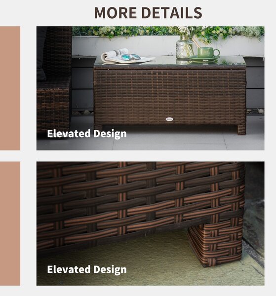 Outsunny Rattan Coffee Table Metal Frame Wicker Coffee Table with Tempered Glass Top for Garden Patio Poolside, Mix Brown Aosom UK