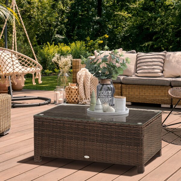 Outsunny Rattan Coffee Table Metal Frame Wicker Coffee Table with Tempered Glass Top for Garden Patio Poolside, Mix Brown Aosom UK