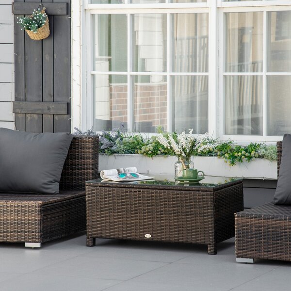 Outsunny Rattan Coffee Table Metal Frame Wicker Coffee Table with Tempered Glass Top for Garden Patio Poolside, Mix Brown Aosom UK