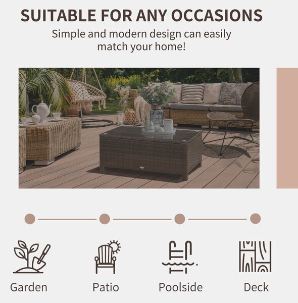 Outsunny Rattan Coffee Table Metal Frame Wicker Coffee Table with Tempered Glass Top for Garden Patio Poolside, Mix Brown Aosom UK