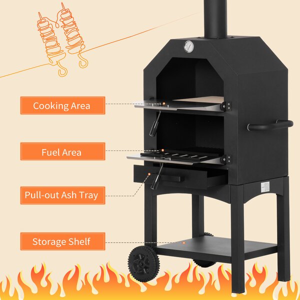 Outsunny Outdoor Garden Pizza Oven Charcoal BBQ Grill 3-Tier Freestanding Grill w/ Chimney, Mesh Shelf, Thermometer Handles, Wheels Aosom UK