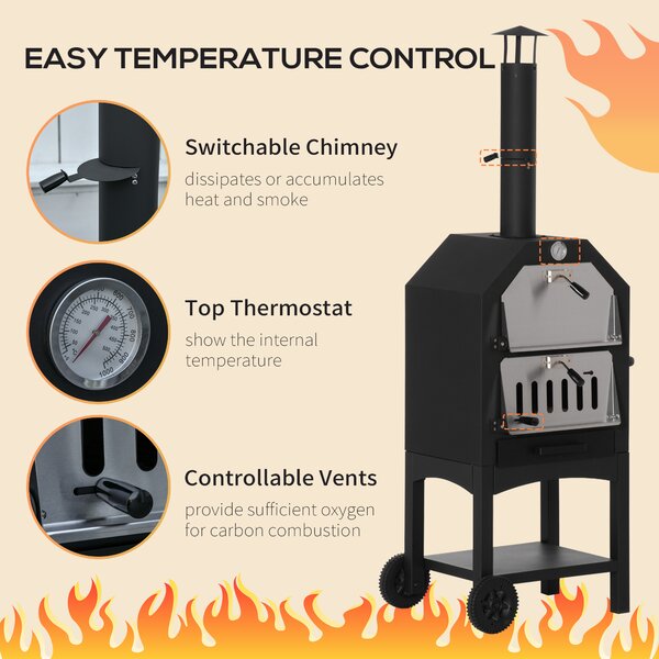Outsunny Outdoor Garden Pizza Oven Charcoal BBQ Grill 3-Tier Freestanding Grill w/ Chimney, Mesh Shelf, Thermometer Handles, Wheels Aosom UK
