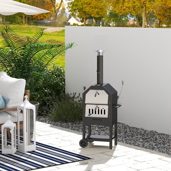 Outsunny Outdoor Garden Pizza Oven Charcoal BBQ Grill 3-Tier Freestanding Grill w/ Chimney, Mesh Shelf, Thermometer Handles, Wheels Aosom UK