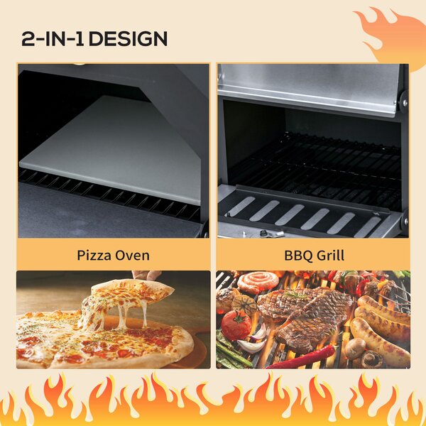 Outsunny Outdoor Garden Pizza Oven Charcoal BBQ Grill 3-Tier Freestanding Grill w/ Chimney, Mesh Shelf, Thermometer Handles, Wheels Aosom UK