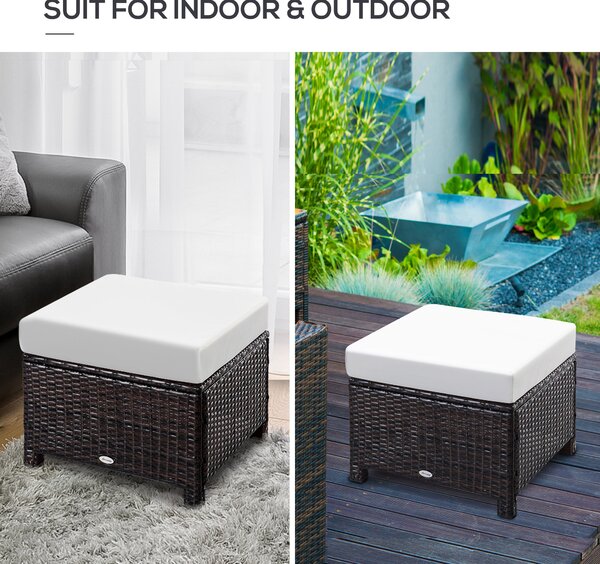 Outsunny Rattan Footstool with Cushion, Wicker Ottoman for Outdoor Patio, Brown, 50x50x35cm