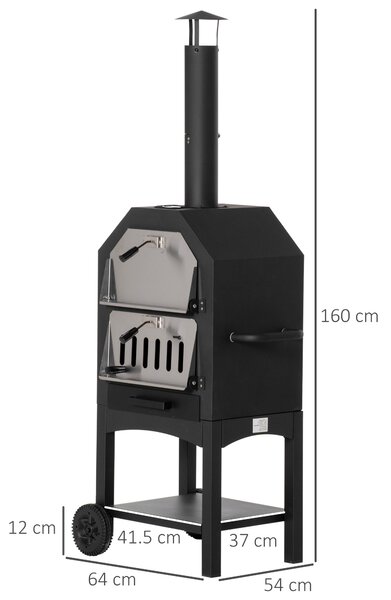 Outsunny Outdoor Garden Pizza Oven Charcoal BBQ Grill 3-Tier Freestanding Grill w/ Chimney, Mesh Shelf, Thermometer Handles, Wheels Aosom UK