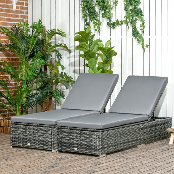 Outsunny PE Rattan Sun Loungers set of 2 w/ Cushion, 2 Pcs Garden Sunbed Furniture w/ 5-Level Backrest, Reclining Patio Wicker Bed Chair, Grey
