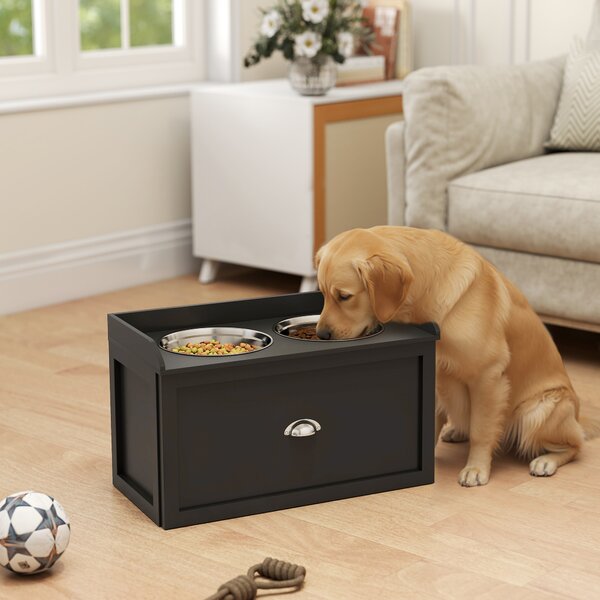 PawHut Elevated Dog Bowls in Stainless Steel, with 21L Food Storage Drawer, for Large Dogs and Cats, Black Aosom UK