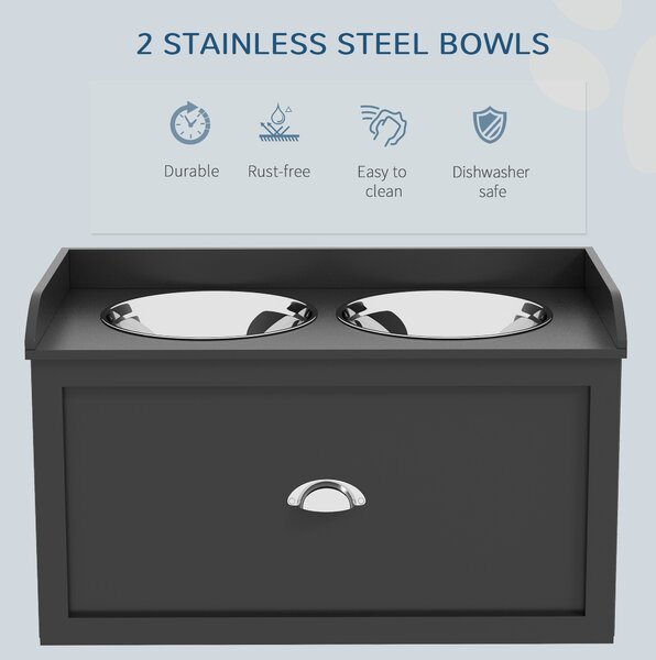 PawHut Elevated Dog Bowls in Stainless Steel, with 21L Food Storage Drawer, for Large Dogs and Cats, Black Aosom UK