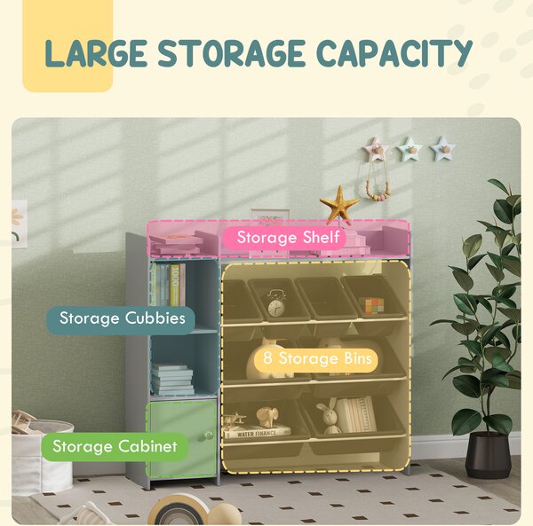 AIYAPLAY Toy Storage Unit with 8 Removable Bins, Storage Shelves, Cabinet, Grey