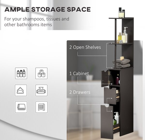 HOMCOM Tall Bathroom Cabinet, Freestanding Bathroom Storage Cabinet with 2-Tier Shelf and Drawers, Narrow Cupboard Storage Unit, Brown
