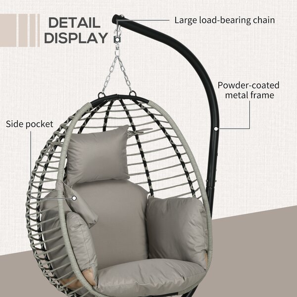 Outsunny Outdoor Swing Chair with Thick Padded Cushion, Patio Hanging Chair w/ Metal Stand, Foldable Basket, Cup Holder, Rope Structure
