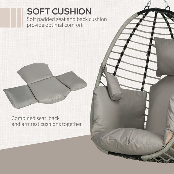 Outsunny Outdoor Swing Chair with Thick Padded Cushion, Patio Hanging Chair w/ Metal Stand, Foldable Basket, Cup Holder, Rope Structure