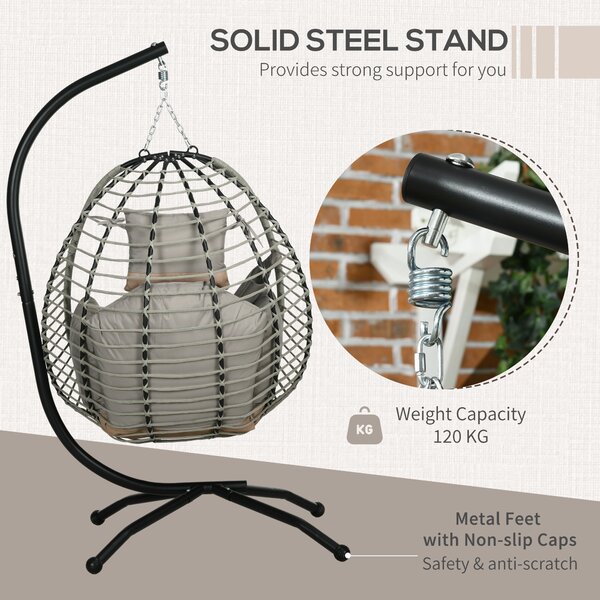 Outsunny Outdoor Swing Chair with Thick Padded Cushion, Patio Hanging Chair w/ Metal Stand, Foldable Basket, Cup Holder, Rope Structure