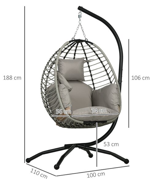Outsunny Outdoor Swing Chair with Thick Padded Cushion, Patio Hanging Chair w/ Metal Stand, Foldable Basket, Cup Holder, Rope Structure