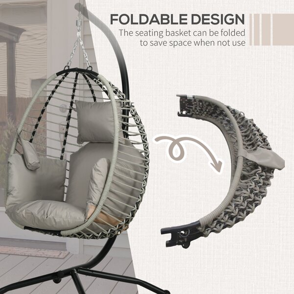 Outsunny Outdoor Swing Chair with Thick Padded Cushion, Patio Hanging Chair w/ Metal Stand, Foldable Basket, Cup Holder, Rope Structure