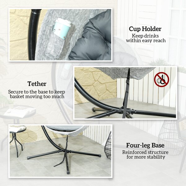 Outsunny Hanging Egg Chair Outdoor Indoor Garden Swing Chair with Folding Basket, Stand, Thickened Cushion, Cup Holder for Patio, Balcony, Grey