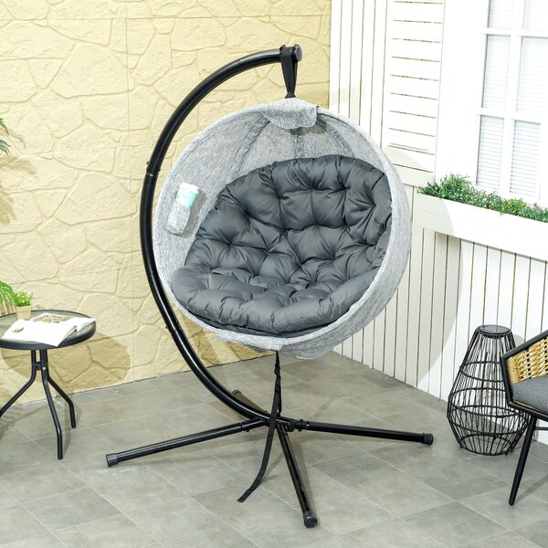 Outsunny Hanging Egg Chair Outdoor Indoor Garden Swing Chair with Folding Basket, Stand, Thickened Cushion, Cup Holder for Patio, Balcony, Grey