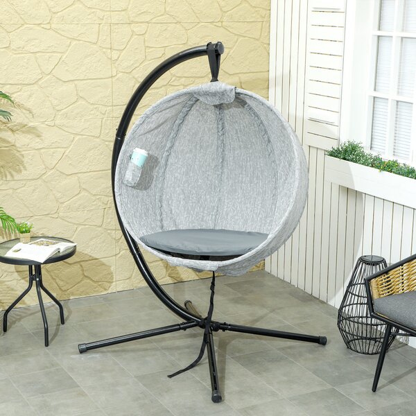 Outsunny Hanging Egg Chair Outdoor Indoor Garden Swing Chair with Folding Basket, Stand, Thickened Cushion, Cup Holder for Patio, Balcony, Grey