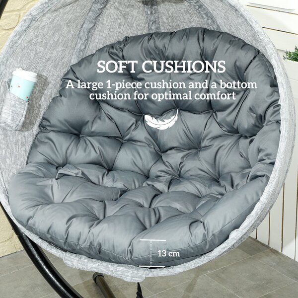 Outsunny Hanging Egg Chair Outdoor Indoor Garden Swing Chair with Folding Basket, Stand, Thickened Cushion, Cup Holder for Patio, Balcony, Grey