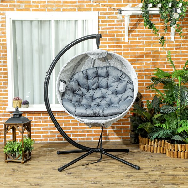Outsunny Hanging Egg Chair Outdoor Indoor Garden Swing Chair with Folding Basket, Stand, Thickened Cushion, Cup Holder for Patio, Balcony, Grey