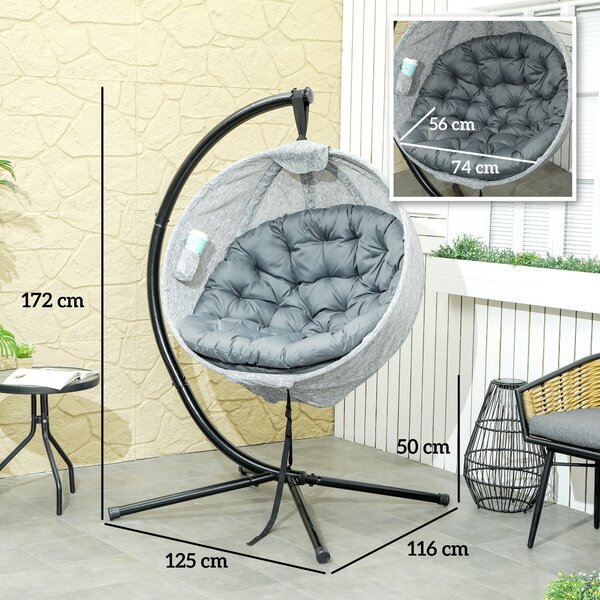 Outsunny Hanging Egg Chair Outdoor Indoor Garden Swing Chair with Folding Basket, Stand, Thickened Cushion, Cup Holder for Patio, Balcony, Grey