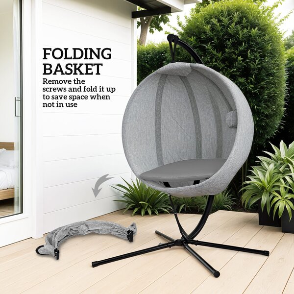 Outsunny Hanging Egg Chair Outdoor Indoor Garden Swing Chair with Folding Basket, Stand, Thickened Cushion, Cup Holder for Patio, Balcony, Grey