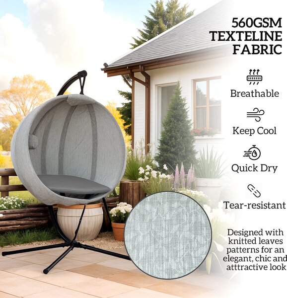 Outsunny Hanging Egg Chair Outdoor Indoor Garden Swing Chair with Folding Basket, Stand, Thickened Cushion, Cup Holder for Patio, Balcony, Grey