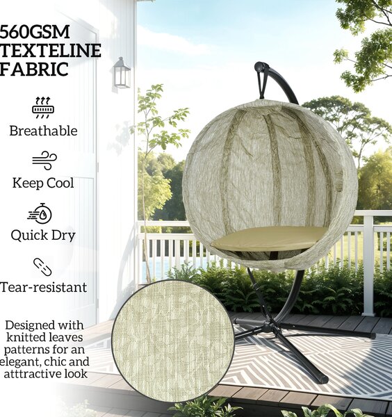 Outsunny Hanging Egg Chair with Folding Basket, Garden Hanging Chair with Stand, Thickened Cushion, Cup Holder for Patio, Balcony, Khaki