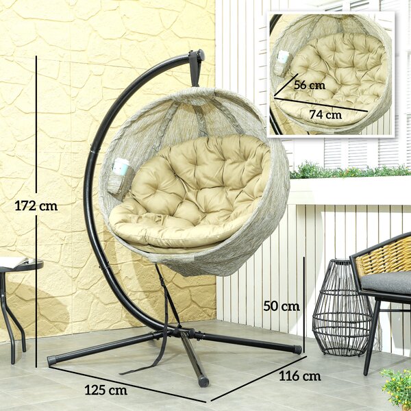 Outsunny Hanging Egg Chair with Folding Basket, Garden Hanging Chair with Stand, Thickened Cushion, Cup Holder for Patio, Balcony, Khaki