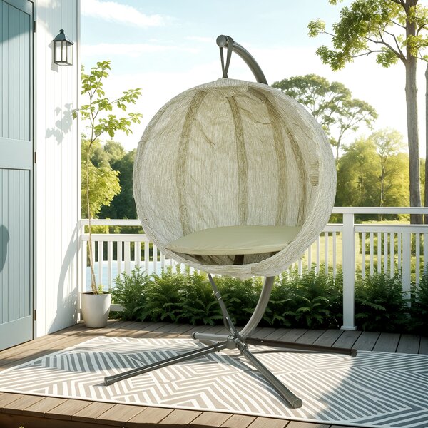 Outsunny Hanging Egg Chair with Folding Basket, Garden Hanging Chair with Stand, Thickened Cushion, Cup Holder for Patio, Balcony, Khaki