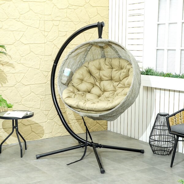Outsunny Hanging Egg Chair with Folding Basket, Garden Hanging Chair with Stand, Thickened Cushion, Cup Holder for Patio, Balcony, Khaki